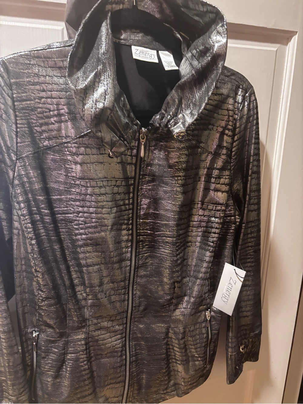 Chico's Metallic Croc-Embossed Jacket - Black with Bronze Sheen